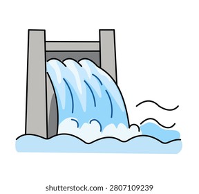Dam icon with water flowing over spillway in colored flat style