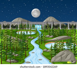 Dam in nature landscape at night scene illustration