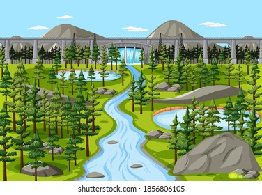 Dam in nature landscape scene illustration