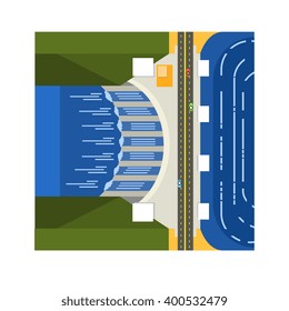 Represa En Río Desde Arriba Vector Plano Ilustración En Estilo Simplificado 