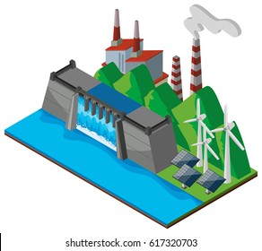 Dam and power plant near the lake illustration
