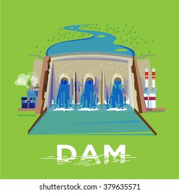 Dam with power station come with typographic for header design - vector Illustration