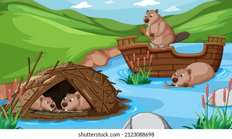 Dam in the river with beaver family illustration