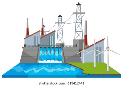 Dam scene with wind turbines illustration