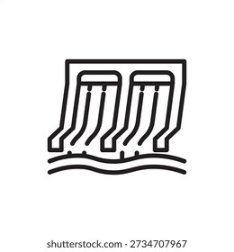 Dam spillway icon. Hydraulic engineering and flood management, representing reservoir overflow structures, concrete chute spillways, dam safety systems, and municipal water control infrastructure.