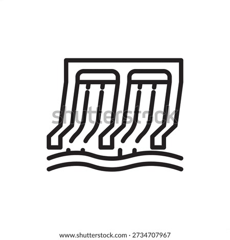 Dam spillway icon. Hydraulic engineering and flood management, representing reservoir overflow structures, concrete chute spillways, dam safety systems, and municipal water control infrastructure.