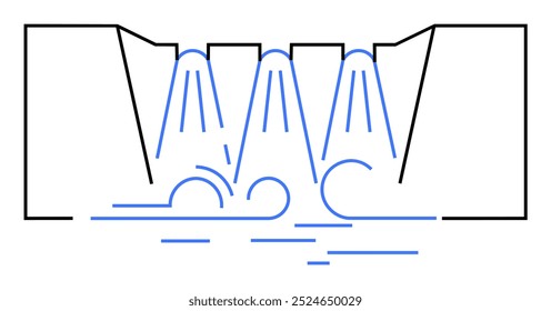 Estructura de presa con agua en cascada. Ideal para los conceptos de ingeniería, gestión del agua, energía renovable, sostenibilidad y protección del medio ambiente. Estilo de arte de línea simple.