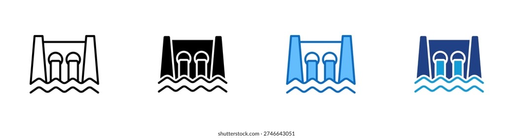 Dam Structure Multiple Style Icon Design Vector - Dam with flowing water representing hydroengineering, reservoir control, and flood prevention