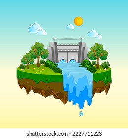 The dam that generates electricity or Hydroelectric conveys environmental conservation, Air island with abundance forest and river ecology, Sustainable of ecosystem go green and Save the planet day.