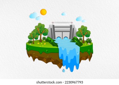 The dam that generates electricity or Hydroelectric conveys environmental conservation, Air island with abundance forest and river ecology, Sustainable of ecosystem go green and Save the planet day.