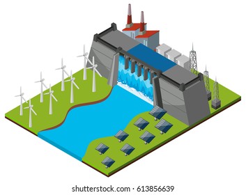 Dam with turbines and solar cells illustration