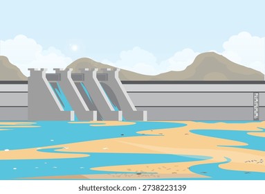 Dam water level meter showing critically low levels due to prolonged drought and lack of rainfall, highlighting water scarcity and climate change impact, dry cracked ground, environmental crisis.