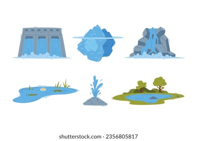 Dam, Waterfall, Iceberg, Pond and Spring with Flowing Water Vector Illustration Set