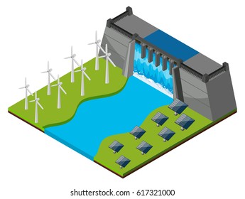 Dam with watergate and wind turbines illustration