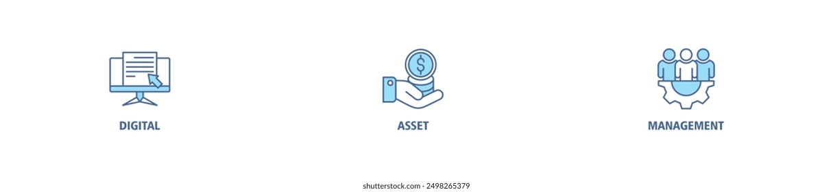 Dam web banner icon set vector illustration concept of digital asset management with icon of binary, automation, processing, design, data, network, and connection icons symbol