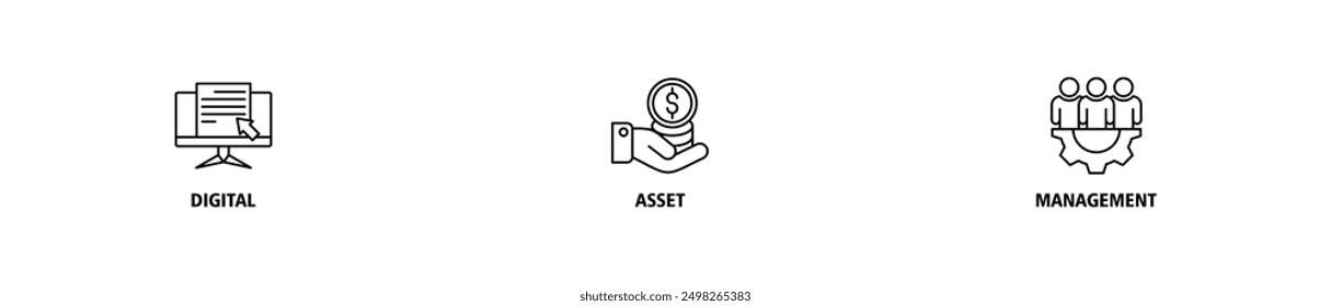 Dam web banner icon set vector illustration concept of digital asset management with icon of binary, automation, processing, design, data, network, and connection icons symbol