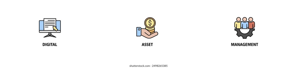 Dam web banner icon set vector illustration concept of digital asset management with icon of binary, automation, processing, design, data, network, and connection icons symbol