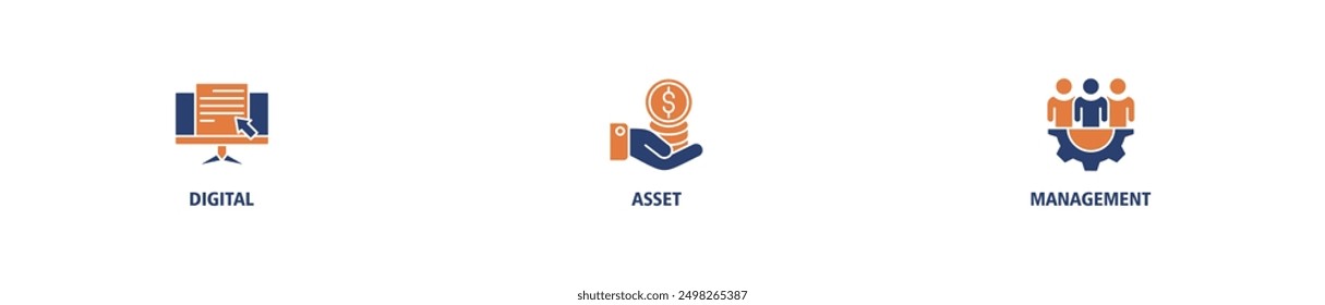 Dam web banner icon set vector illustration concept of digital asset management with icon of binary, automation, processing, design, data, network, and connection icons symbol