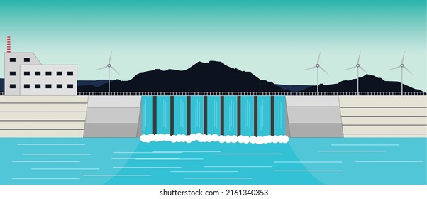 Dam With wind trubine and factory green energy