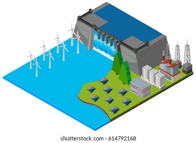 Dam and wind turbines in 3D design