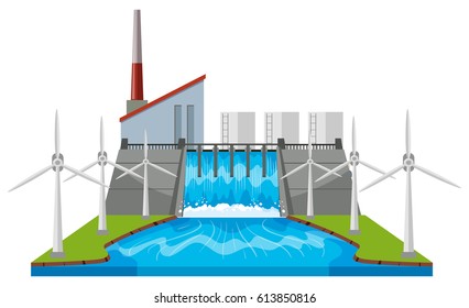 Dam and wind turbines by the river illustration