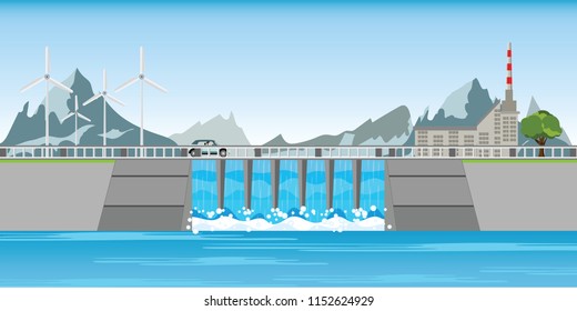 The dam and windmills between mountains and water rushing through gates at a dam, vector illustration.