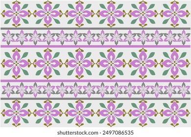 Damaask seamless fabric pattern. Pink floral pattern with green leaves on white background. Illustration, vector, wallpaper.