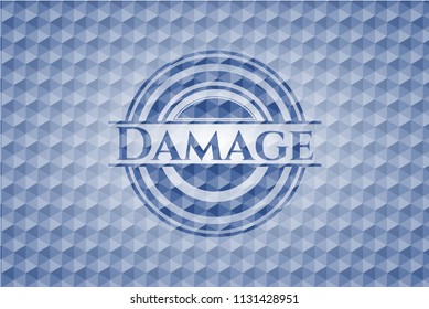 Damage blue badge with geometric background.