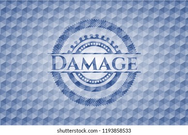Damage blue badge with geometric background.
