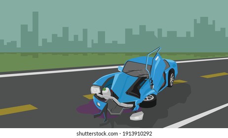Damage of blue car crash and accident cannot drive on asphalt road. The front and door is severely damaged. The equipment is broken. with silhouette background of city at night.