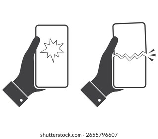 damage broken smartphone screen in human hand icon set