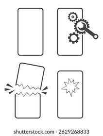 damage broken smartphone screen with repair spanner tool icon set