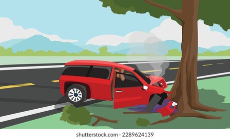 Damage Car crash big tree accident cannot drive. There was steam coming out of the radiator.Front is severely damaged and oil leak. The equipment is broken. Environment of rural route between cities