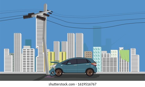 Damage Car crash pole light accident cannot drive. The front is severely damaged. The equipment is broken.