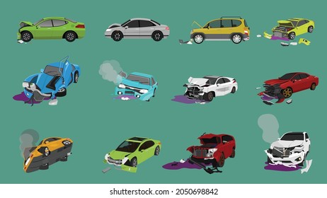 Damage cars set accident on road. Car with oil leak. Cars with parts demolished. Smoke emanating from the engine compartment. On isolated green background.