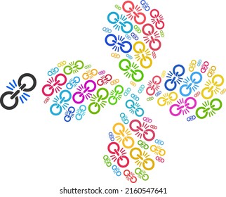 Icono de eslabón de cadena de daño flor de rotación colorida con composición de cuatro pétalos. Flor de elemento con cuatro pétalos organizados a partir de elementos eslabones de cadena de daño dispersos.