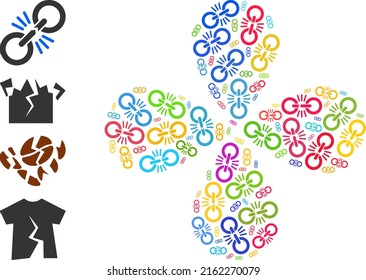 Damage chain link icon multicolored twirl flower cluster composition. Element twirl done from scattered damage chain link symbols. Vector flower icon collage in flat style.