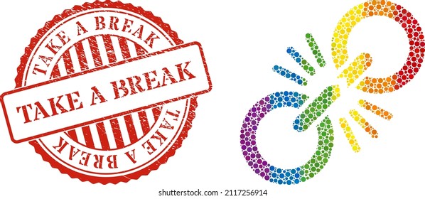 Schadenskette Link Mosaik Symbol von Kreiselementen in verschiedenen Größen und Regenbogenfarben. Roter abgerundeter Grunge-Robbendruck mit Take a Break-Nachricht.