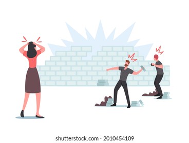 Damage, Conflict, Panic, Violence Riot, Looting, Aggressive Herd Behavior Concept. Characters Throw Stones in Brick Wall, Woman Holding Head Shocked with Situation. Cartoon People Vector Illustration