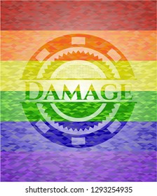 Damage emblem on mosaic background with the colors of the LGBT flag