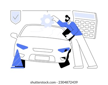 Damage evaluation abstract concept vector illustration. Insurance company representative assesses the damage of a wrecked car, business industry, injured vehicle evaluation abstract metaphor.