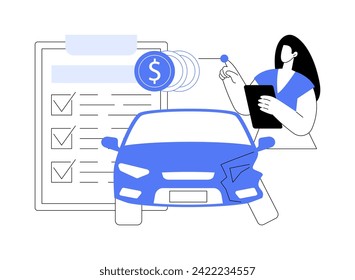 Damage evaluation isolated cartoon vector illustrations. Professional insurance specialist assesses losses in case of a car accident, legal service, transport damage vector cartoon.