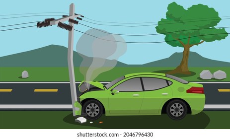 Damage green car crash pole electric city accident cannot drive. Front of car is open with smoke to outside. with asphalt and green meadow and mountain for background.