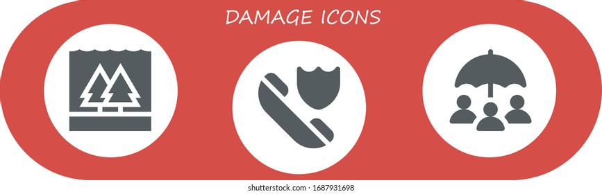 conjunto de iconos de daño. 3 iconos de daños rellenos. Incluidos íconos de Inundación, Seguros