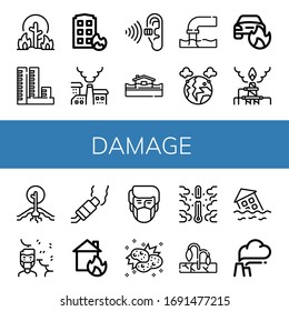 conjunto de iconos de daño. Colección de íconos, Sobrepoblación, Casa en llamas, Contaminación, Inundación, Camión en llamas, Sequía, Contaminación del aire, Colisión, Iconos de sobrecalentamiento