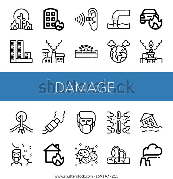 damage icon set. Collection of Wildfire,\
Overpopulation, House on fire, Pollution, Flood, Car on fire,\
Drought, Air pollution, Collision, Overheat\
icons