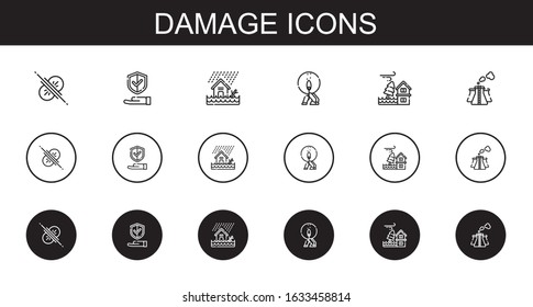 damage icons set. Collection of damage with collision, insurance, flood, match, pollution. Editable and scalable damage icons.