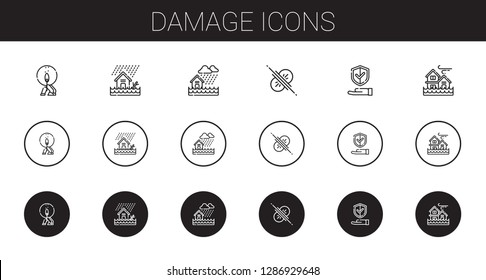 damage icons set. Collection of damage with match, flood, collision, insurance. Editable and scalable damage icons.
