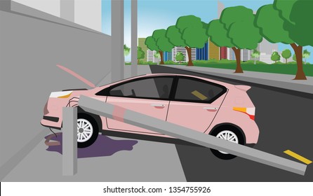 Damage Lady Car Crash Pole Light Accident Cannot Drive On The Street With Nature And City On Day Background.