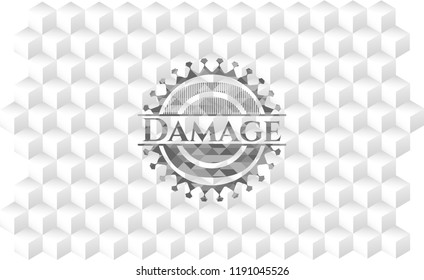Damage realistic grey emblem with cube white background